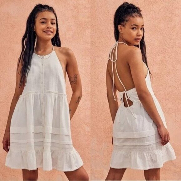 Free People Dresses & Skirts - NWT Free People White Mini Dress Size Large Desert Days Halter Strappy Tiered